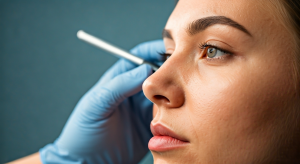 Non-surgical nose job procedure with a doctor injecting dermal fillers into a patient's nose for subtle contouring.