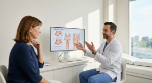 Plastic surgeon consulting with a patient in front of a monitor showing liposuction visuals. The article discusses liposuction for belly fat: how the procedure removes subcutaneous fat, why it doesn't target visceral fat, and what to expect from abdominal contouring surgery.