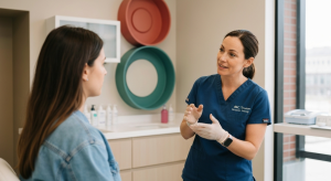Plastic surgeon explaining the ABC Technique to a patient during a consultation, highlighting the benefits of less tissue damage and faster recovery.