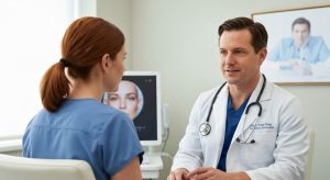 Plastic surgeon meeting with a patient in a consultation room to discuss liposuction options and surgical qualifications.