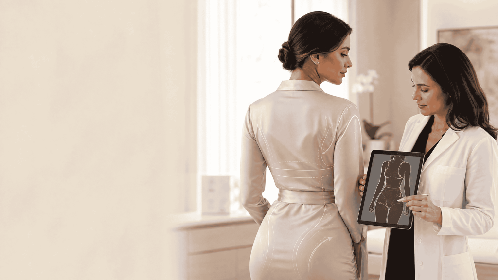 Plastic surgeon discussing combined BBL and body-contouring procedures with a patient during a cosmetic surgery consultation.