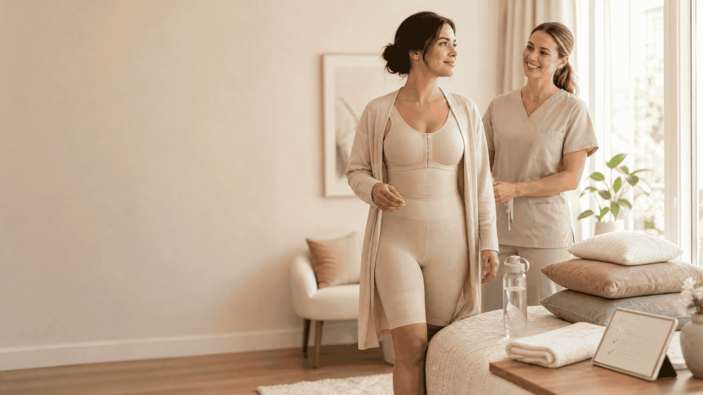 Woman in compression garment taking a gentle walk with caregiver during BBL recovery.