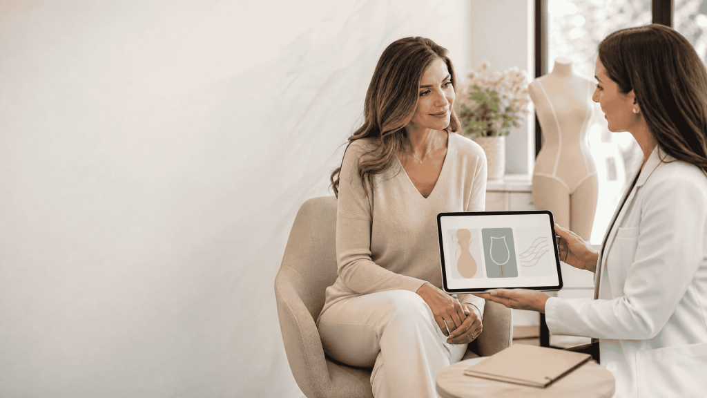 Patient discussing BBL, butt implants, and non-surgical body-contouring options with a plastic surgeon