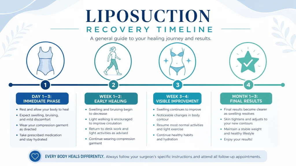 A professional medical infographic detailing the timeline and expectations for liposuction surgery recovery.