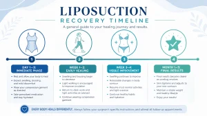 A professional medical infographic detailing the timeline and expectations for liposuction surgery recovery.