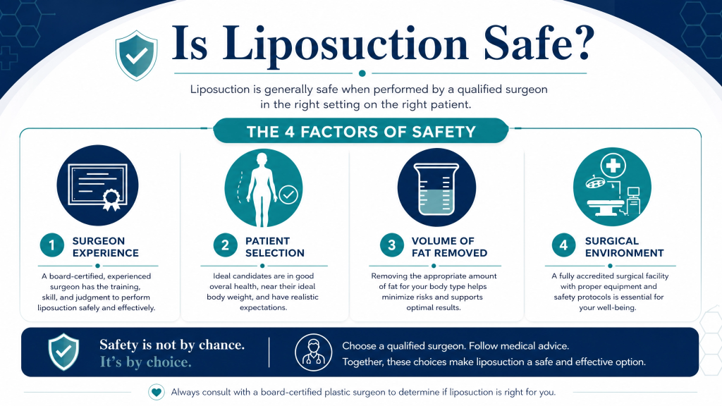 Infographic explaining liposuction safety factors, including surgeon experience, patient selection, fat volume, and surgical environment.