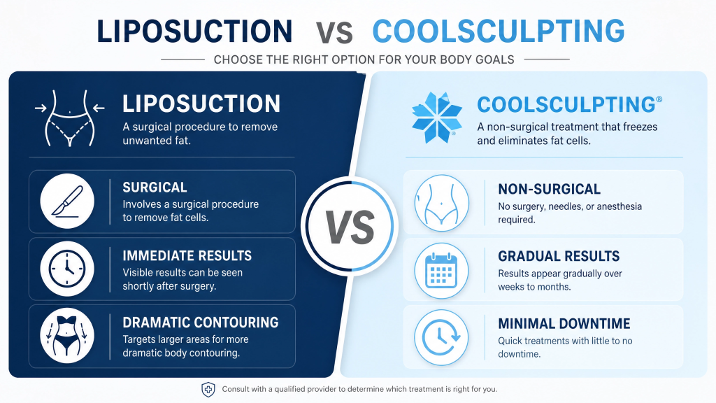 Comparison infographic of Liposuction vs CoolSculpting, highlighting differences in surgical approach, result speed, and recovery downtime.