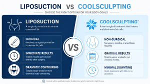 Comparison infographic of Liposuction vs CoolSculpting, highlighting differences in surgical approach, result speed, and recovery downtime.