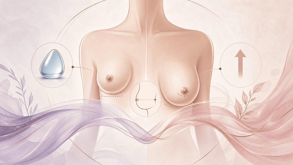 Breast augmentation versus breast lift comparison illustration showing implant placement for volume and surgical lifting for repositioning, with nipple-to-crease reference diagram.