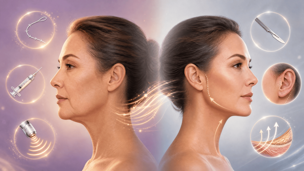 Illustration comparing non-surgical and mini facelift options, showing a woman's facial profile before and after rejuvenation with treatment icons.