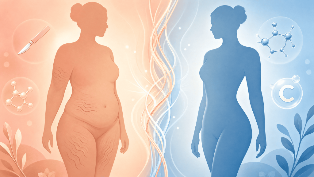 Before and after body contouring surgery illustration depicting loose skin after major weight loss and the tightened result, with collagen and elastin molecules in the background.