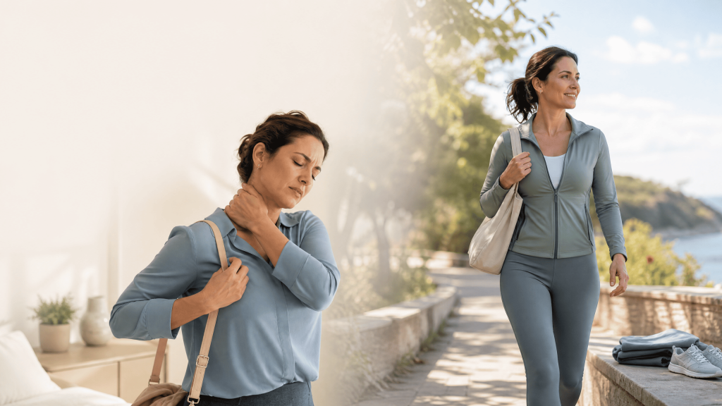 Split-scene image showing a fully clothed woman experiencing neck and shoulder discomfort while adjusting a shoulder strap, alongside the same woman walking comfortably outdoors in athletic clothing.