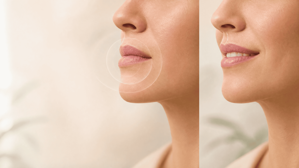 Split close-up comparison of a woman’s upper lip, showing temporary added volume on one side and a subtly lifted upper lip with visible upper teeth on the other.
