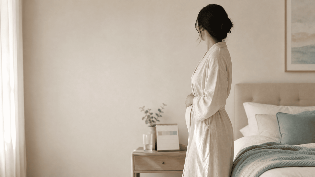 Woman in a cream robe standing beside a bed in a softly lit bedroom, gently holding her abdomen during tummy tuck recovery.