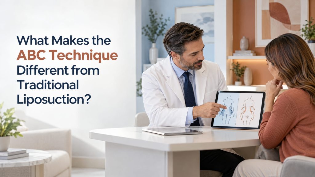 Plastic surgeon explaining the difference between traditional liposuction and strategic fat redistribution during a patient consultation.