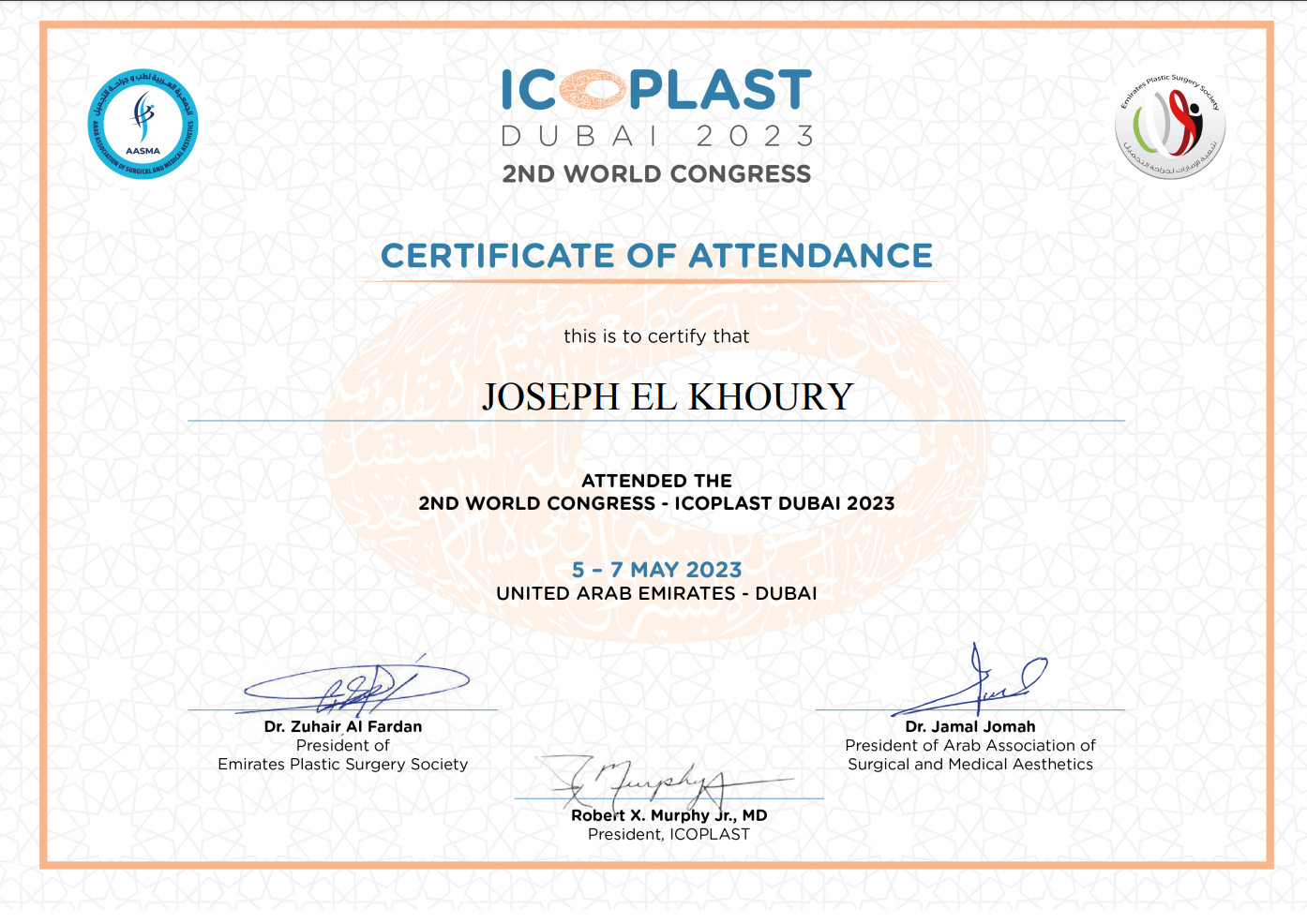 Dr Joe Khoury — Icoplast, certificate of attendance.