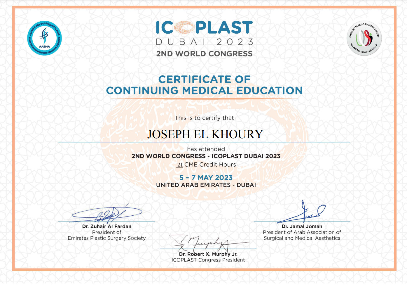 Dr Joe Khoury — Icoplast, certificate of continuing education