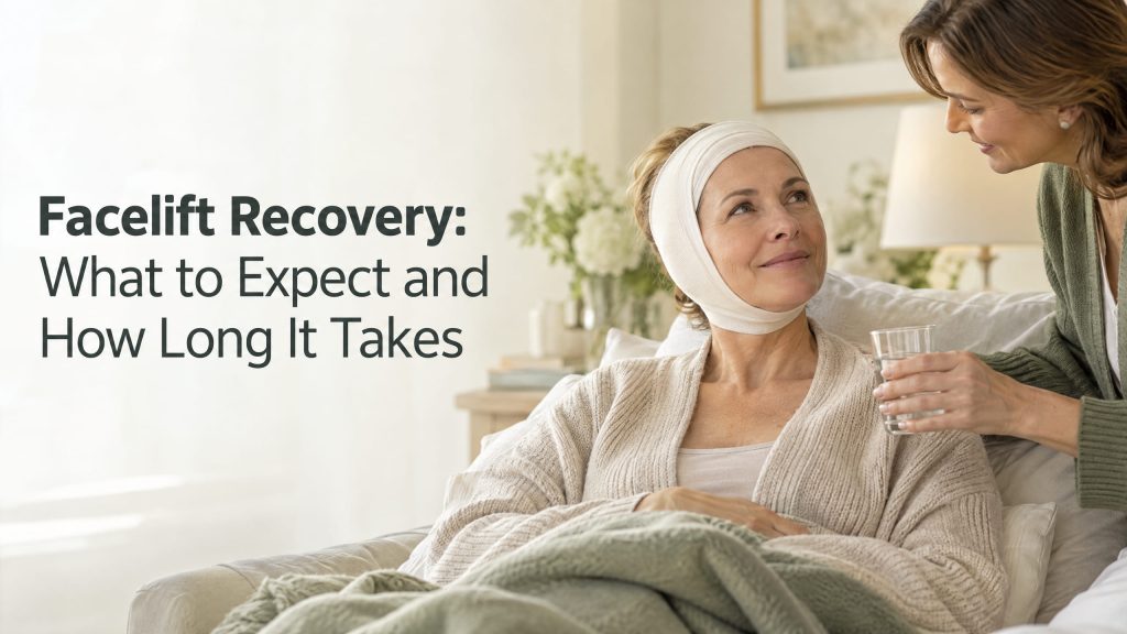 Woman resting at home with a supportive facial bandage while a caregiver offers her water during facelift recovery.