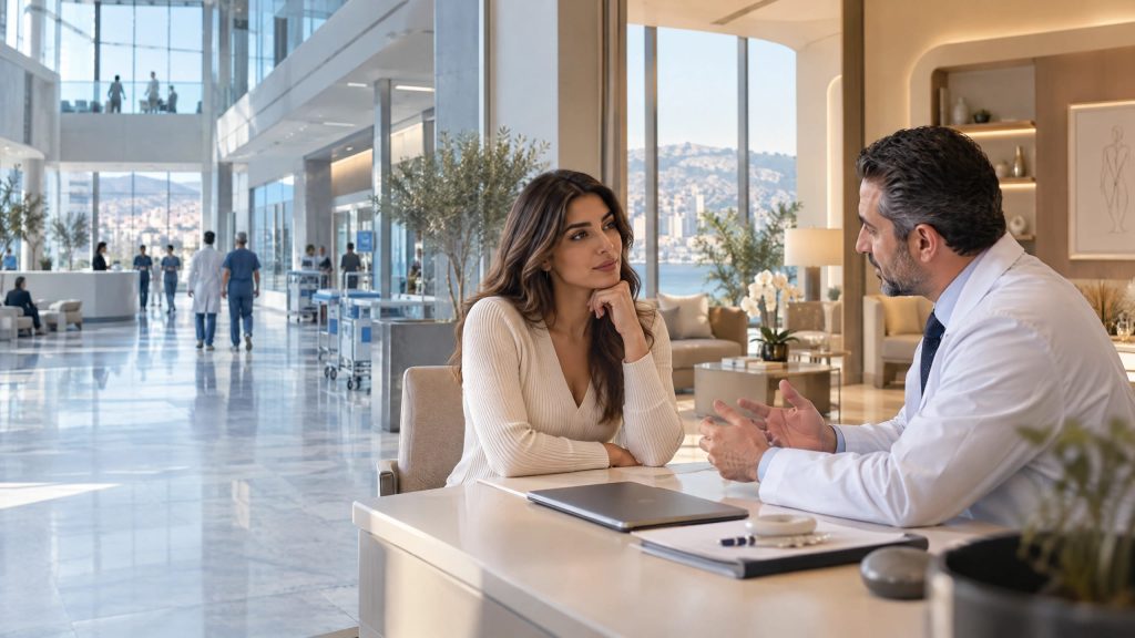 Patient discussing plastic surgery options with a surgeon in a modern medical consultation room.